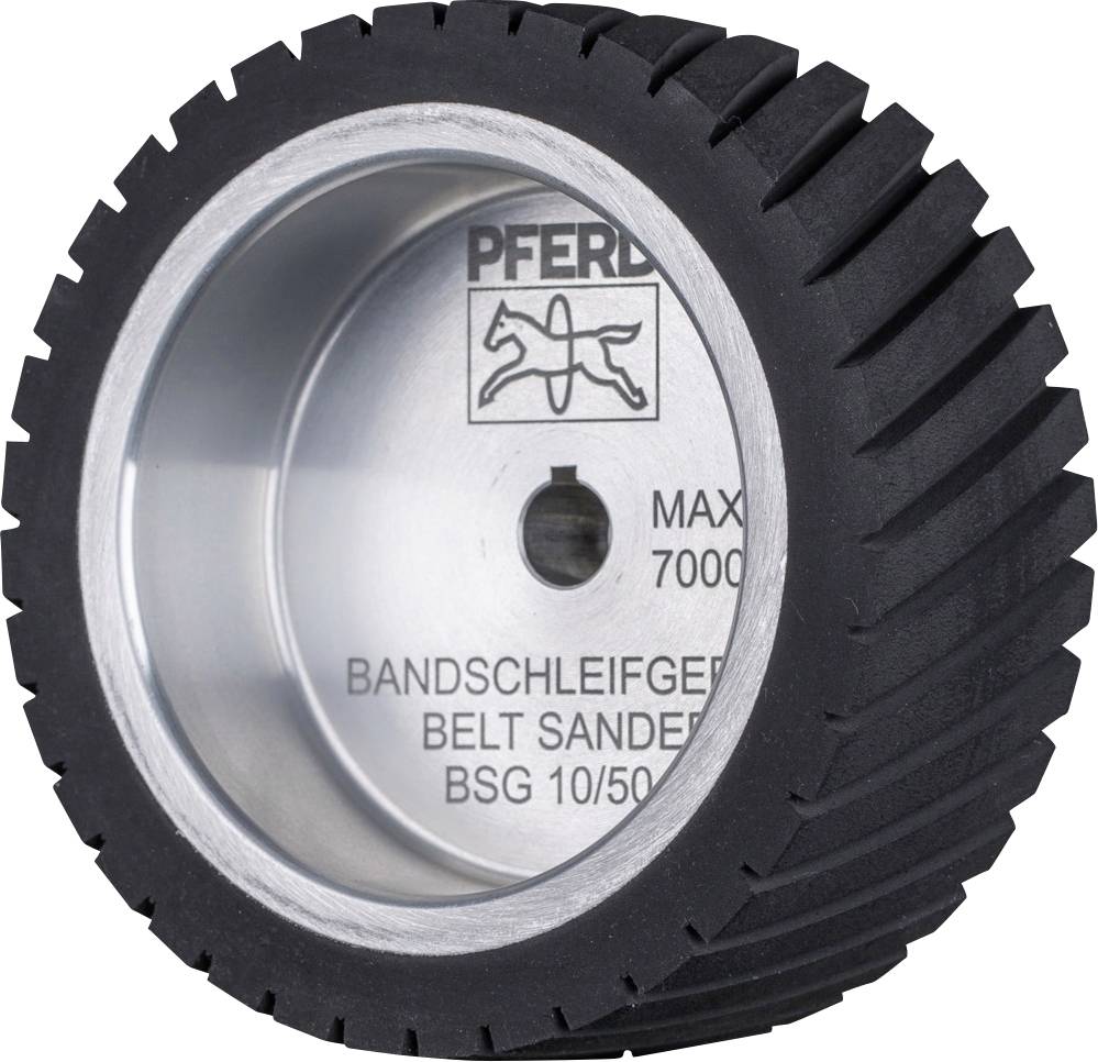 Adhesive-backed grinding wheel with silver inner surface, central logo and inscription 'Belt Sander BSG 10/50'.