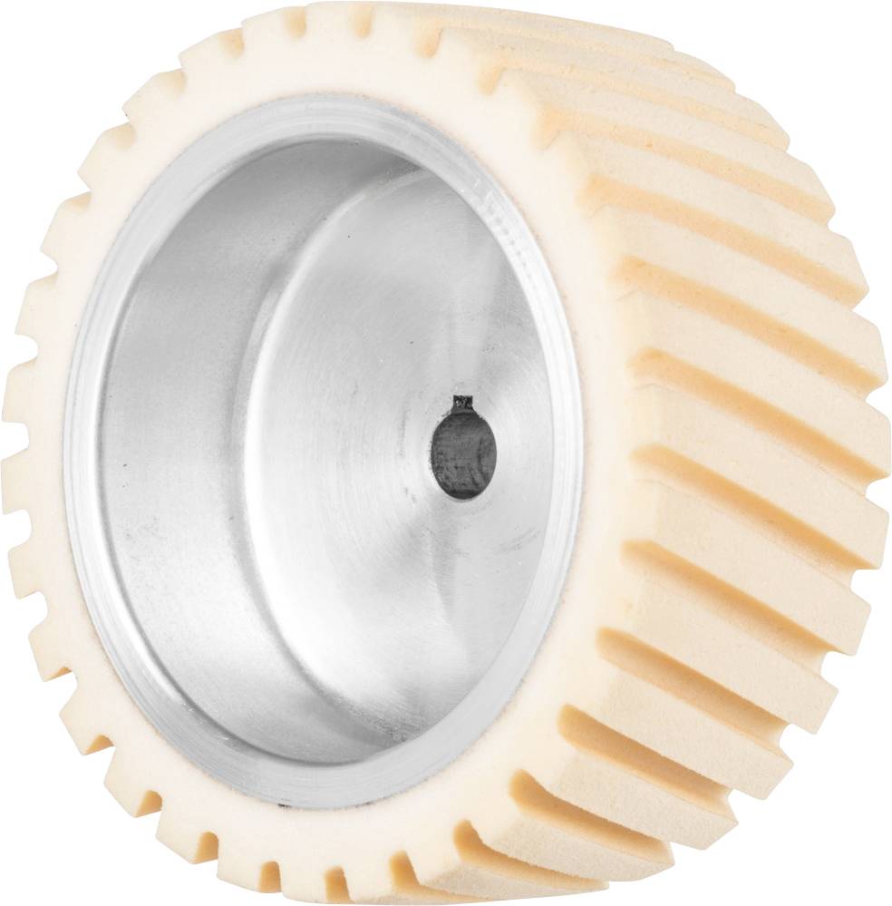 A metallic wheel hub with wide, uniformly arranged cream-coloured rubber profiles, for use in machinery or vehicles.