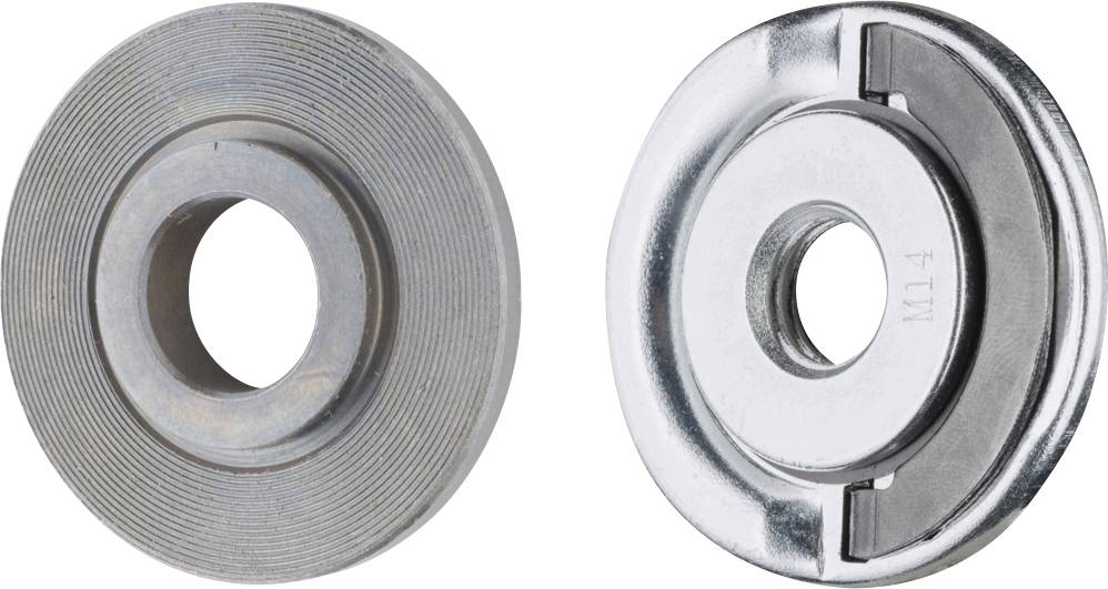 Two grinding wheels are positioned side by side. On the left is a fluted wheel, on the right a smooth metal wheel.