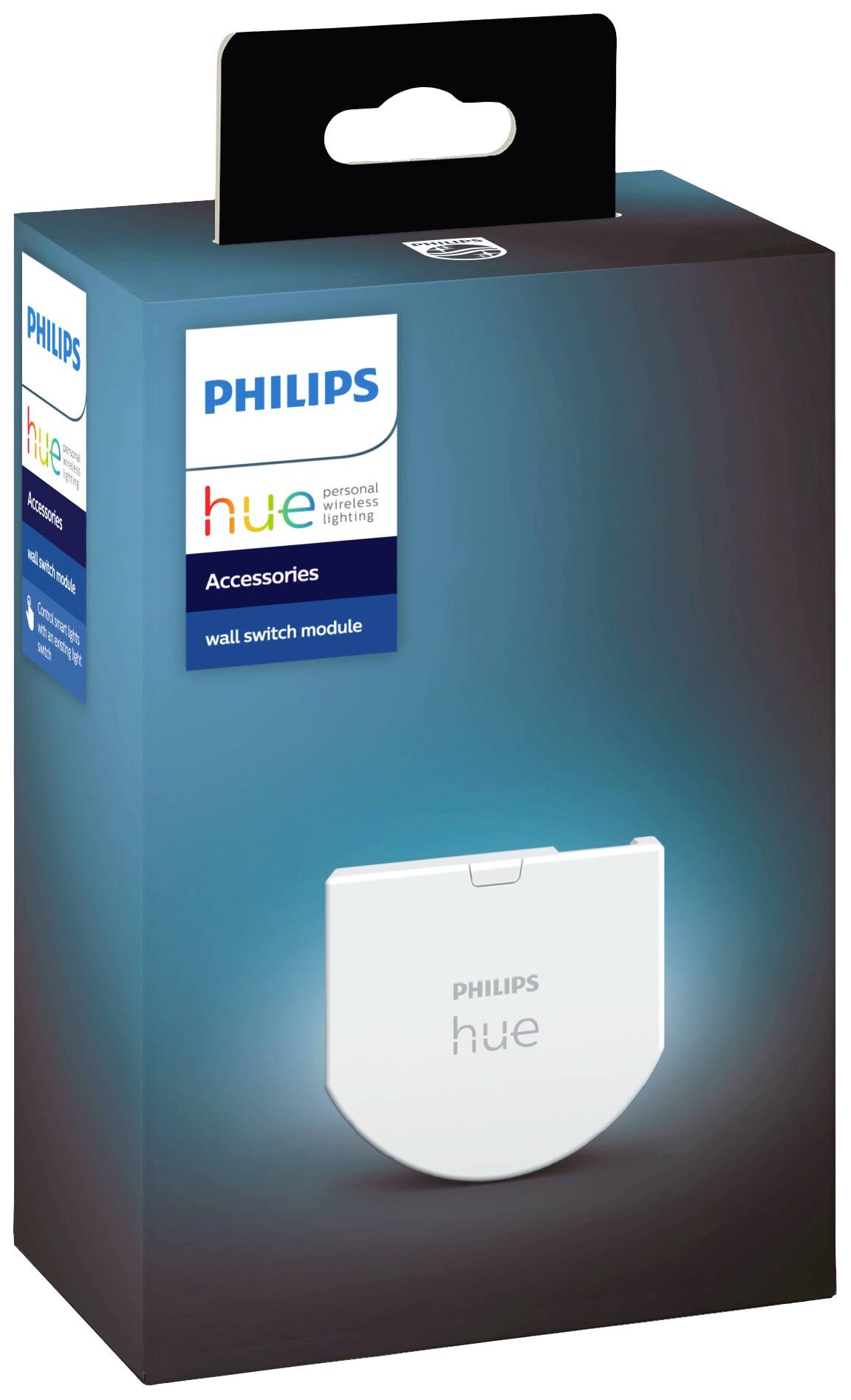 Packaging for the Philips Hue Wall Switch Module. Displays a product image of a white module beneath the logo on a blue background.