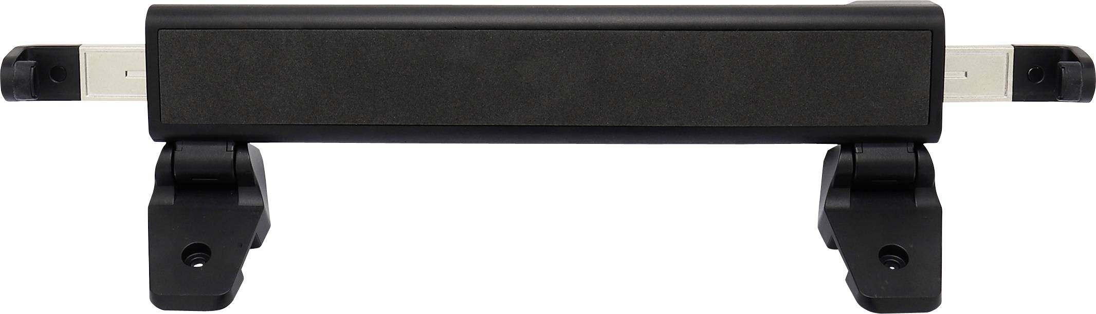 Black linear guide rail with two mounting brackets and a movable carriage in the centre.