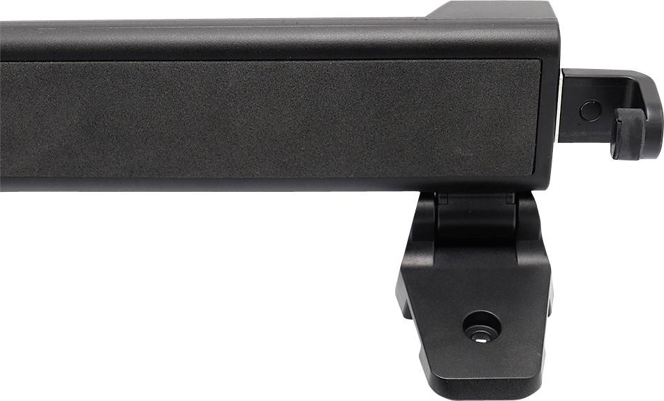 Black vehicle seat upholstery, rectangular shape with a curved mounting bracket at the bottom right.