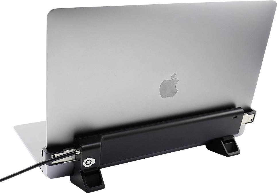 Laptop in a vertical docking station with closed screen, back with Apple logo visible.