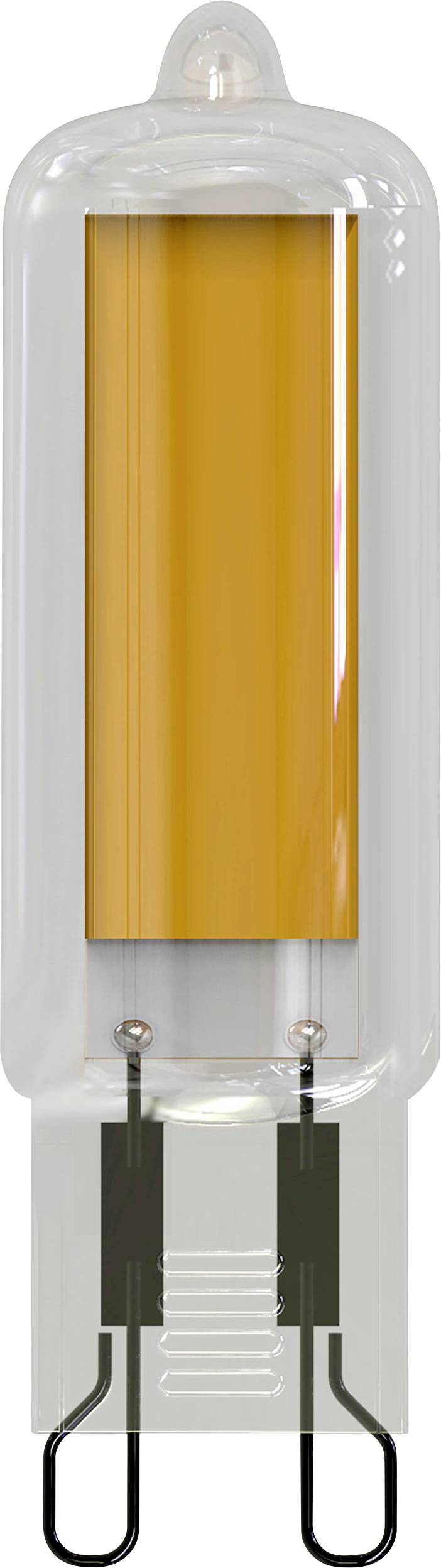 A LED lamp with a transparent casing and an orange illumination strip in the centre. Suitable for general lighting purposes.