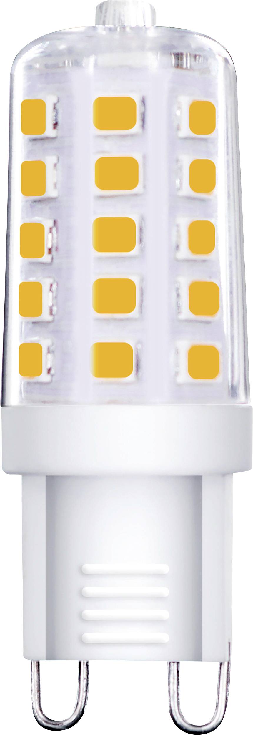 LED lamp with G9 base, cylindrical, transparent housing with visible yellow diodes for efficient light generation.