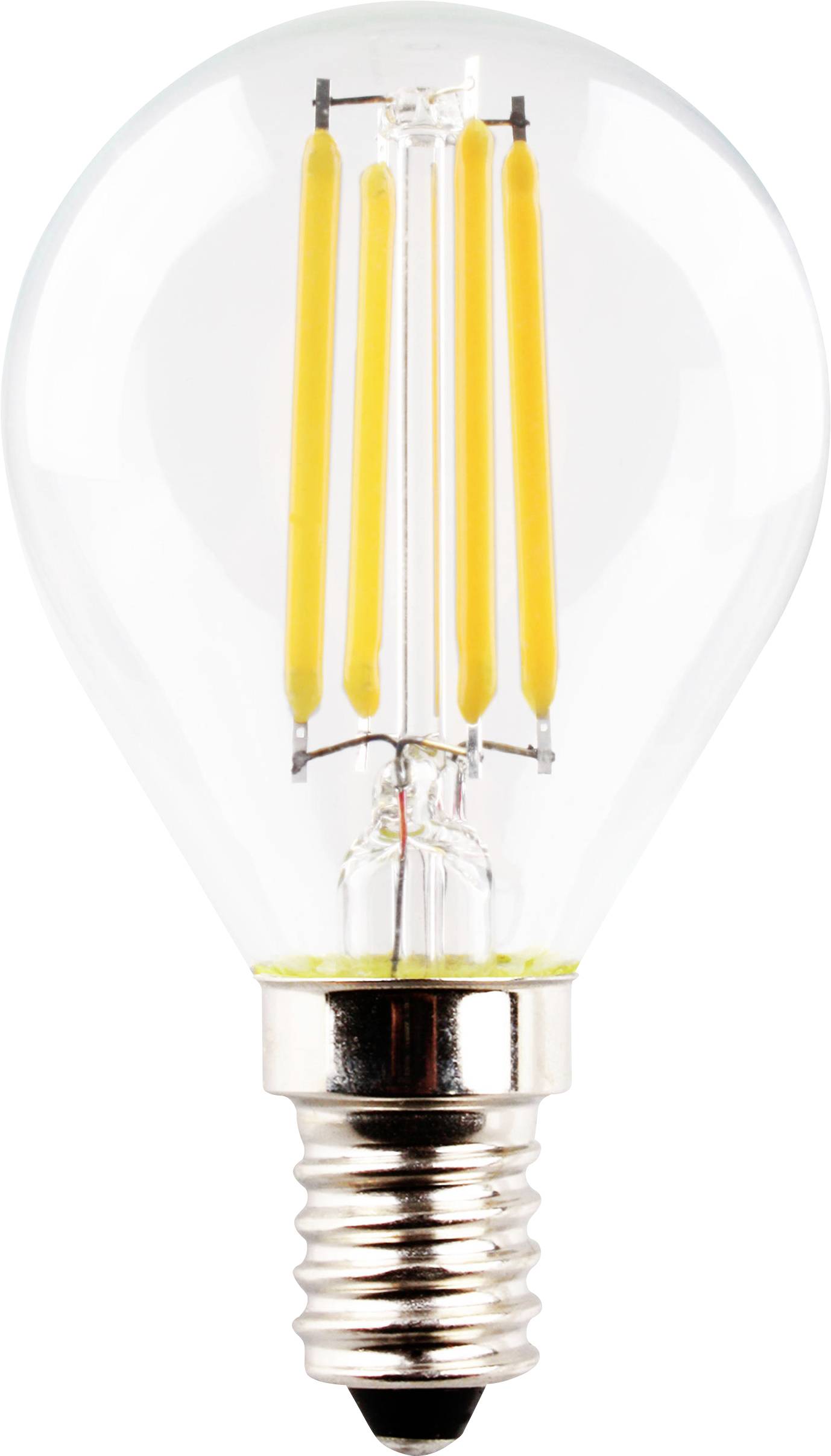 A clear, luminous LED light bulb with visible filaments and a standard screw base.