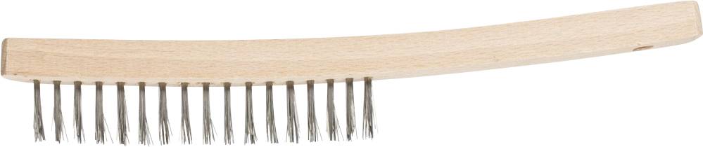 Metal-bristled wooden brush, used for cleaning or polishing surfaces.