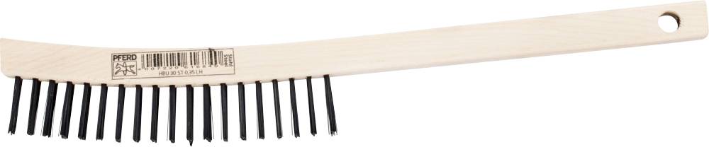 Wooden brush with long, black bristles and a hole at the end of the handle for hanging.