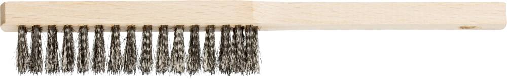 Wooden-handled brush with dense, dark bristles, ideal for removing dirt from shoes or clothing.