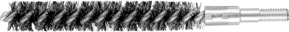 A black pipe brush with spiral-shaped bristles and a metallic handle. Suitable for cleaning pipes or hard-to-reach areas.