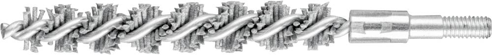 Metal cleaning scrub brush with spirally arranged bristles, used for precise cleaning of pipes or similar objects.