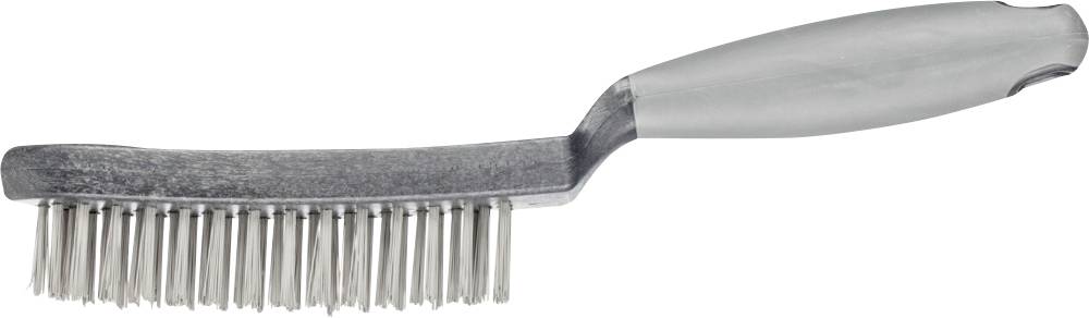 A metal brush with long bristles and a grey handle, typically used for cleaning barbecue grills or metal surfaces.