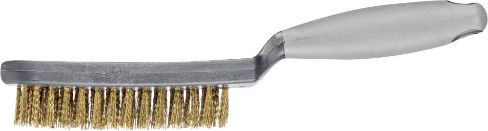 Wire brush with grey handle, taken from the side. Used for removing rust, paint or dirt from surfaces.