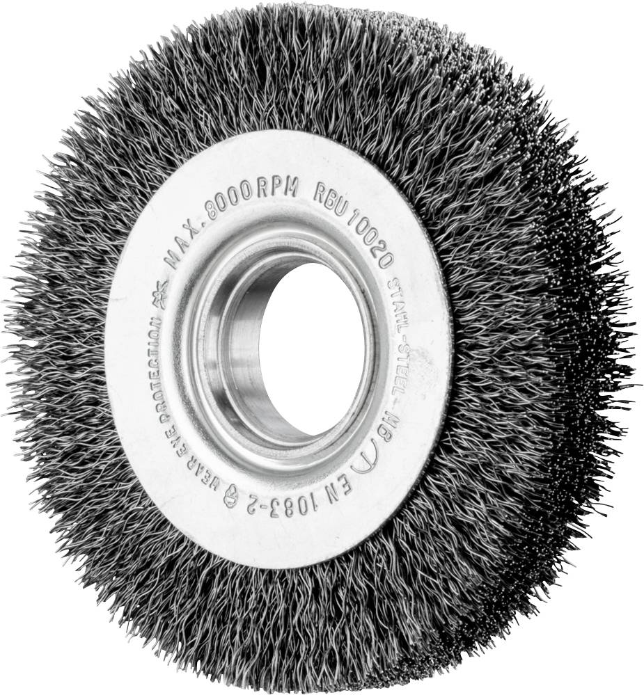 Wire brush wheel with dense bristle arrangement and central metal ring for attachment. Suitable for cleaning and polishing surfaces.