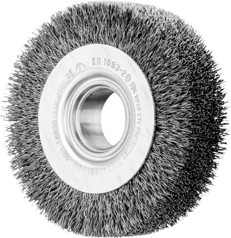 Round wire brush with metal bristles and a central opening. Suitable for grinding or cleaning work on various surfaces.