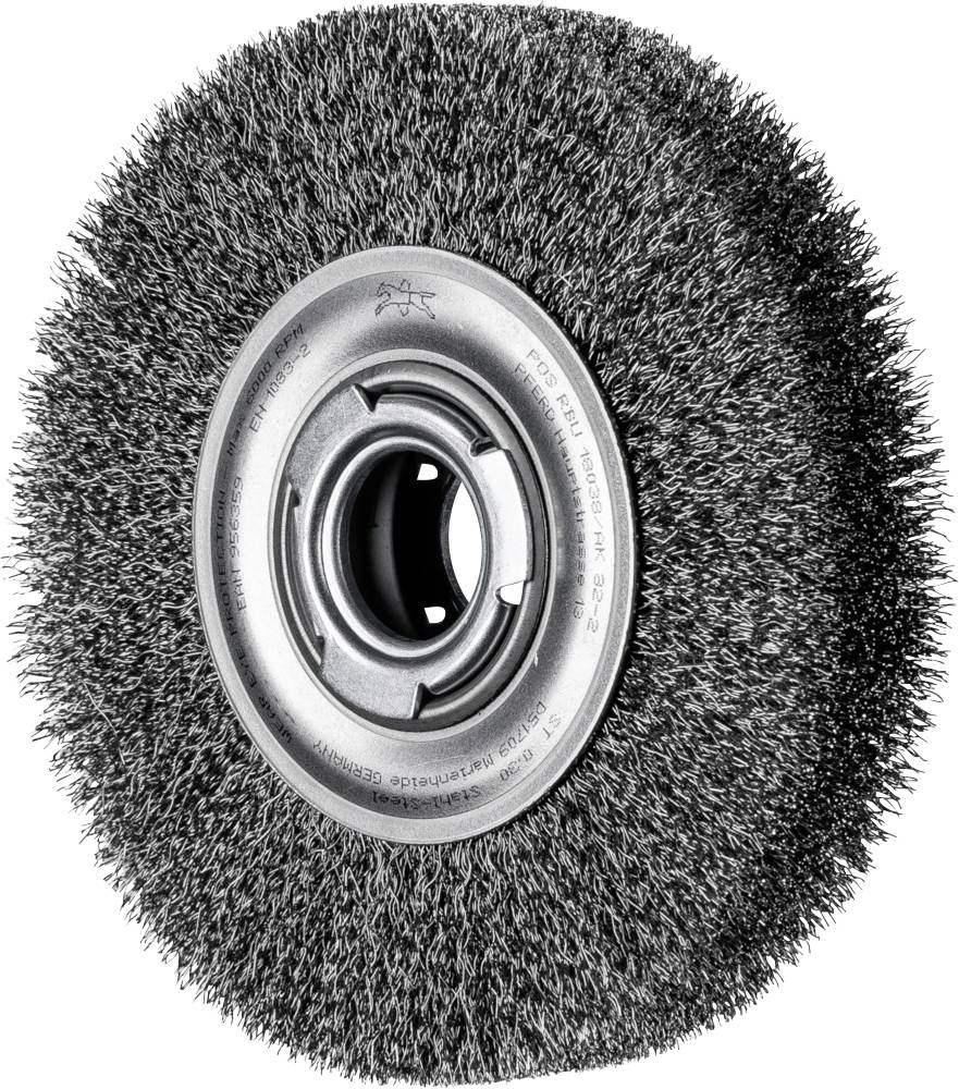 A round wire brush with a metal core. Suitable for removing rust and cleaning surfaces.