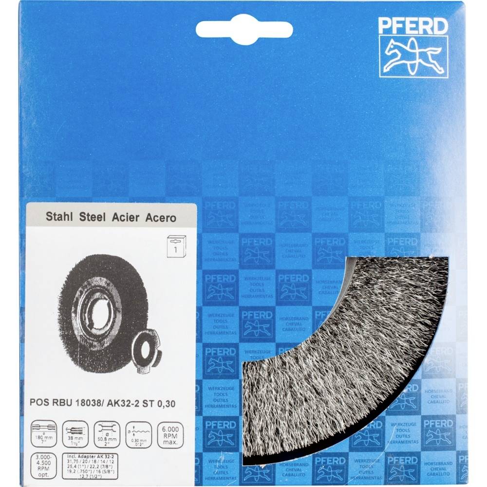 Verpackung einer PFERD-Stahlbürste mit Abbildung der Bürste. Text betont 'Stahl' in mehreren Sprachen. Geeignet für Bohrmaschinen.