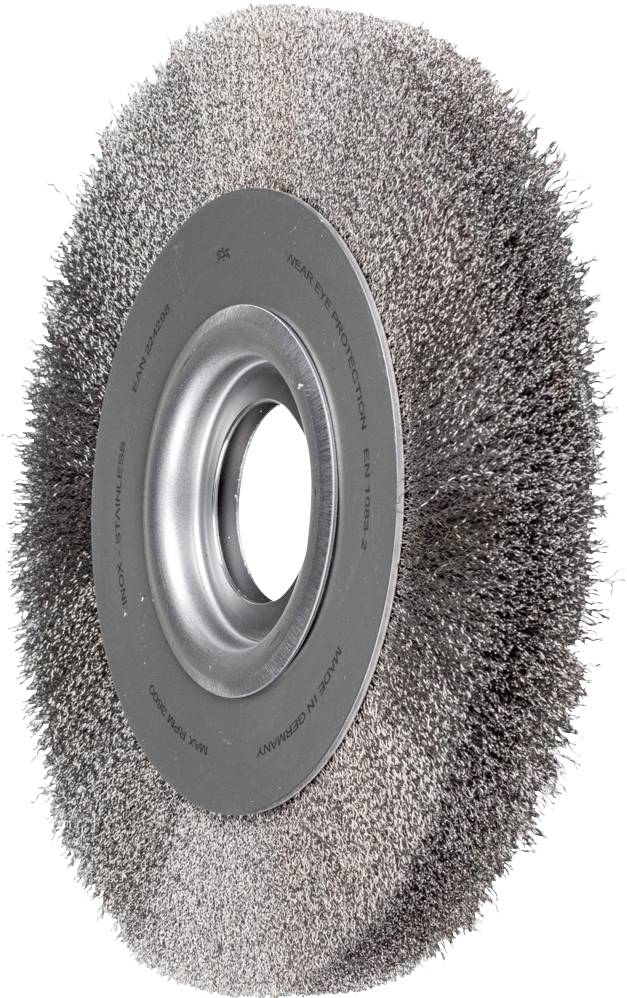 Wire brush wheel with dense bristle arrangement and central metal ring, suitable for surface cleaning and rust removal.