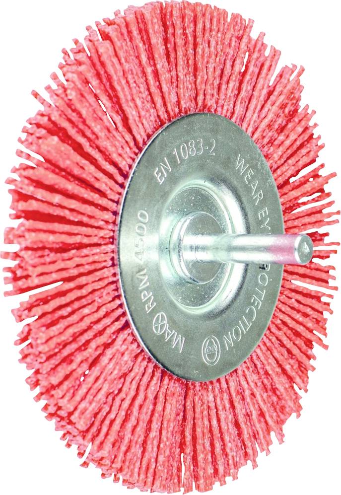Red grinding brush attachment with metal core and bristles for mounting on a machine, suitable for surface processing.