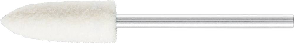 Nail polishing attachment with a white, felt-like conical head and metallic shaft, used for nail care.