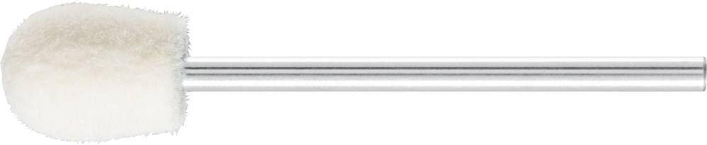 A drumstick with a soft, fluffy felt head and a smooth metal handle.