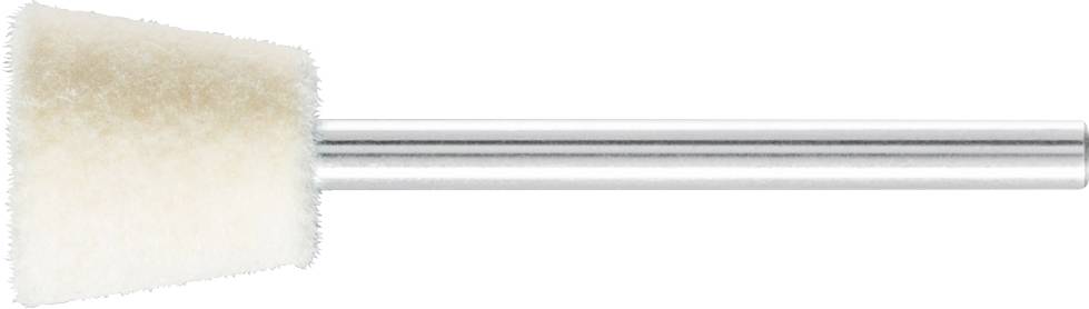 Polishing attachment made of soft, light-coloured fabric with a silver metal stem, used for polishing surfaces in craft applications.