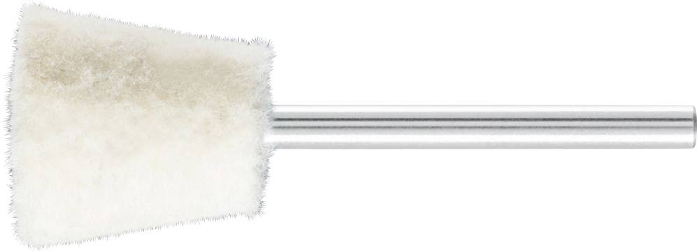 Polishing attachment with a fluffy, white surface and silver shaft; used for gentle polishing of surfaces.