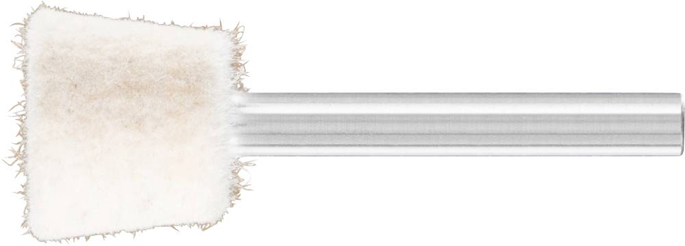 White, plush-like polishing attachment with a metallic shaft. Primarily used for surface treatment and polishing.