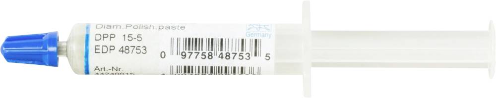 White spray can with blue lid. Printed labels: 'Diam. Polish paste', 'DPP 15-5', 'EDP 48753', barcodes and 'P&P Germany'.