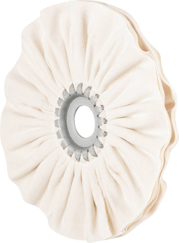 Cotton polishing disc in beige, round with pleats, for metal polishing work.