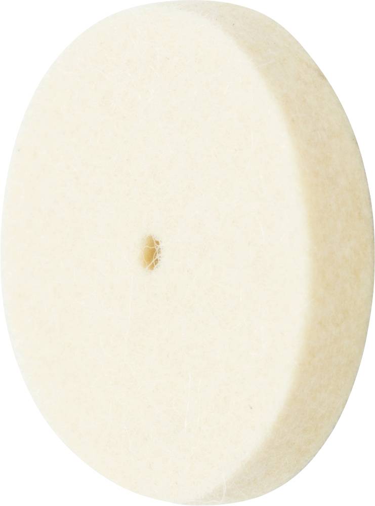 A round, cream-coloured felt disc with a hole in the centre, used as a polishing or grinding attachment.