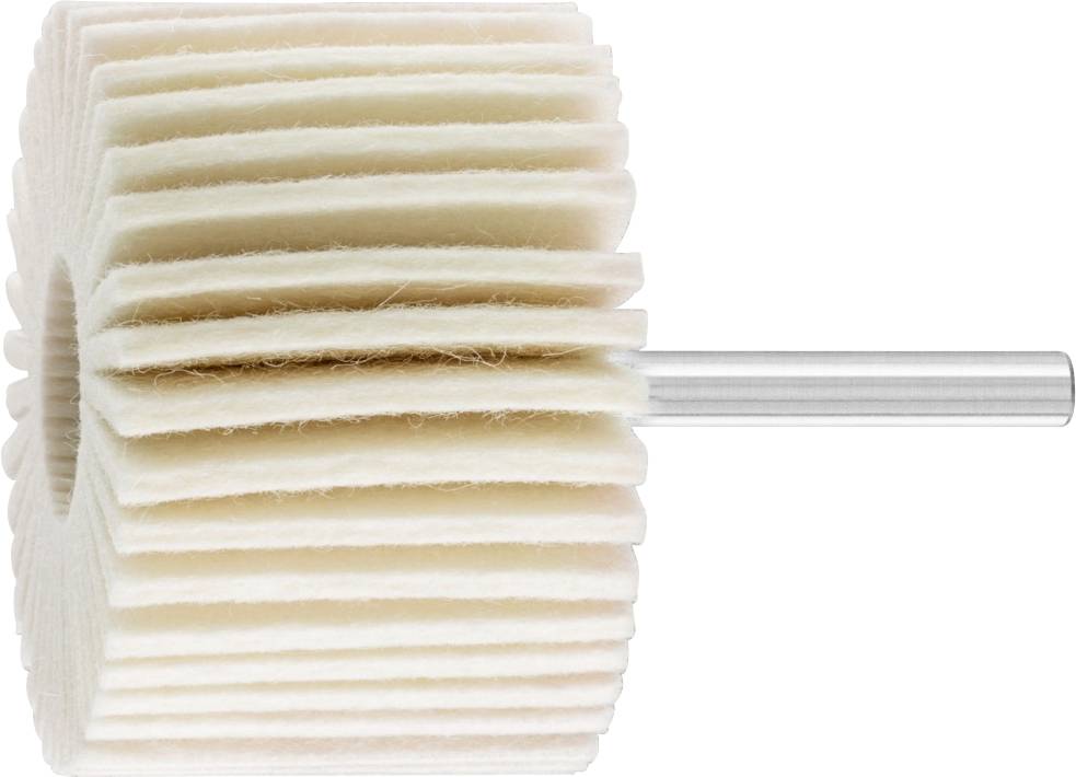 A felt polishing wheel with multiple layers on a metal shaft, viewed from the side, on a white background.