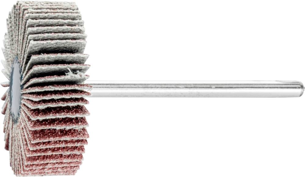 A grinding attachment with rotating grinding flaps, mounted on a metal rod, is shown from a side view.