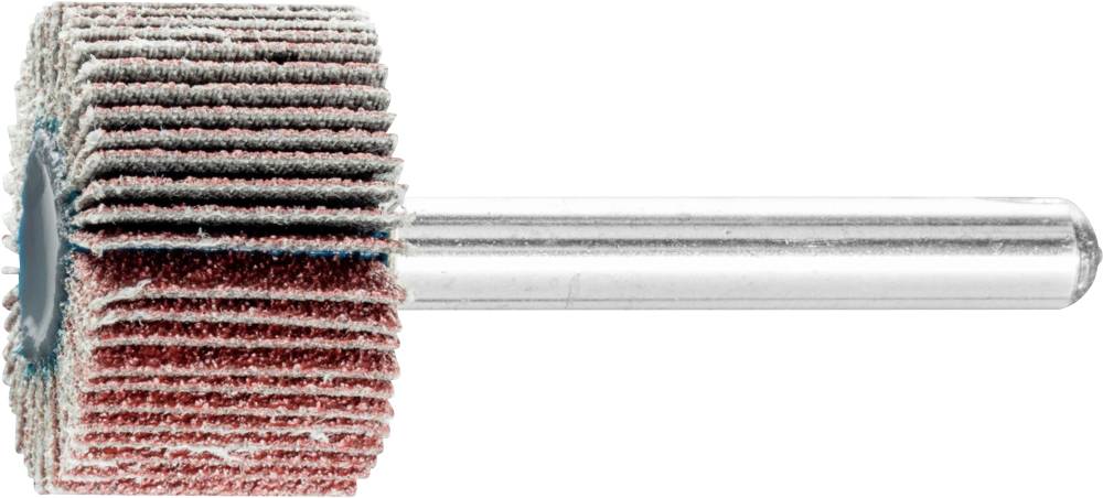 Lamellar grinding tool mounted on a metal pin. Used for surface treatment and material removal.