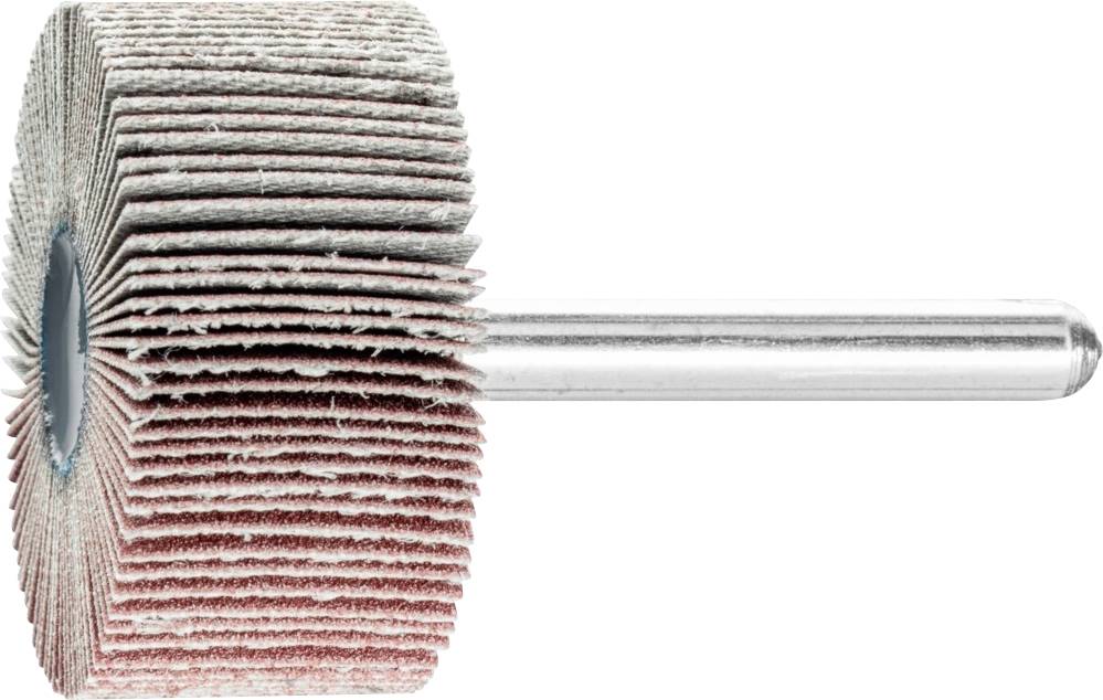 A sanding tool with multiple abrasive paper flaps mounted on a metal rod, used for surface finishing.