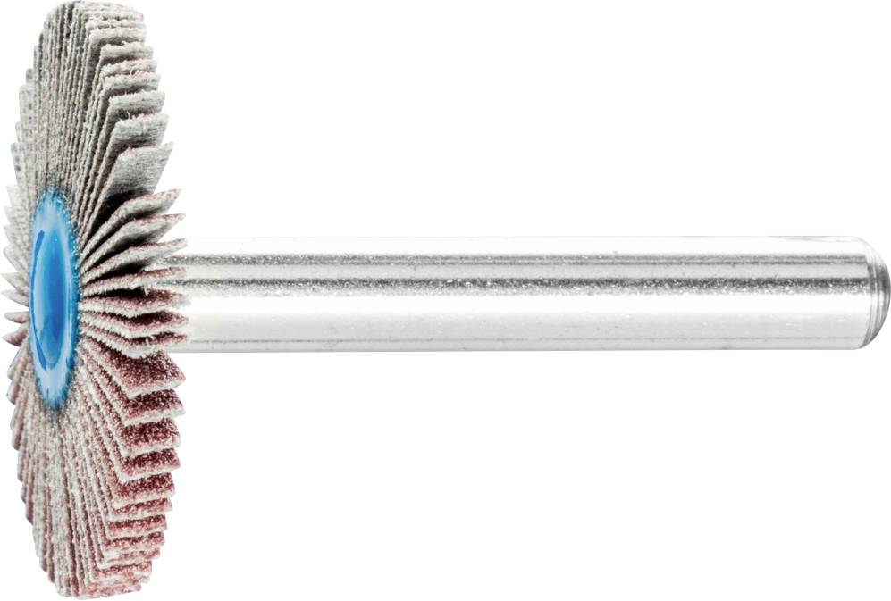 A grinding wheel with stacked grinding discs on a metal shaft, predominantly in blue and red.