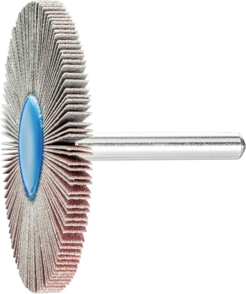 Flap sander with steel handle and blue plastic core, radially arranged abrasive discs.