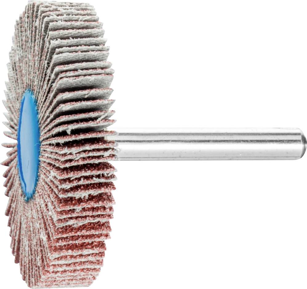 Buffing mop with red and white lamellae and metal rod. Used for smoothing and polishing surfaces in craft and industrial applications.