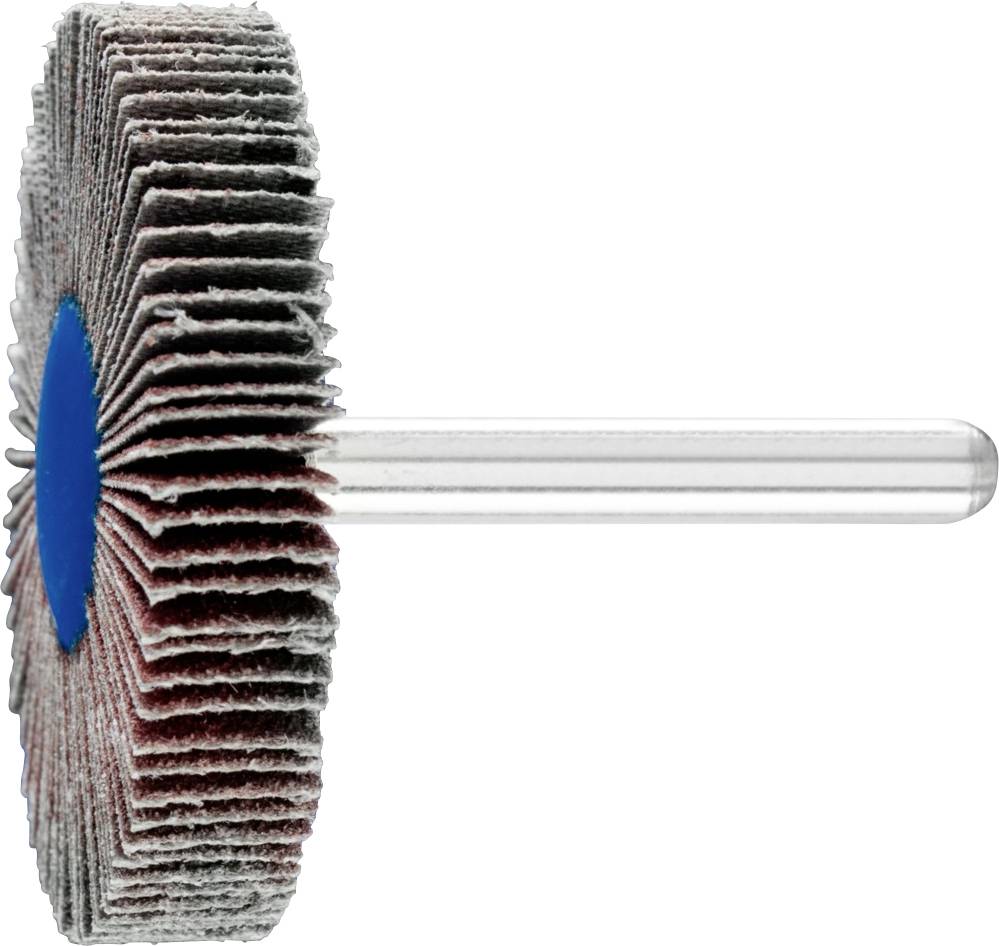 Laminated grinding disc mounted on a metal rod, against a white background. Ideal for precision grinding work.