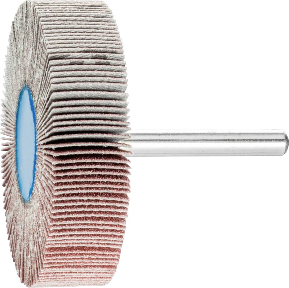Grinding attachment with fan-shaped lamellae and metal rod, side view. Used for surface treatment and polishing.