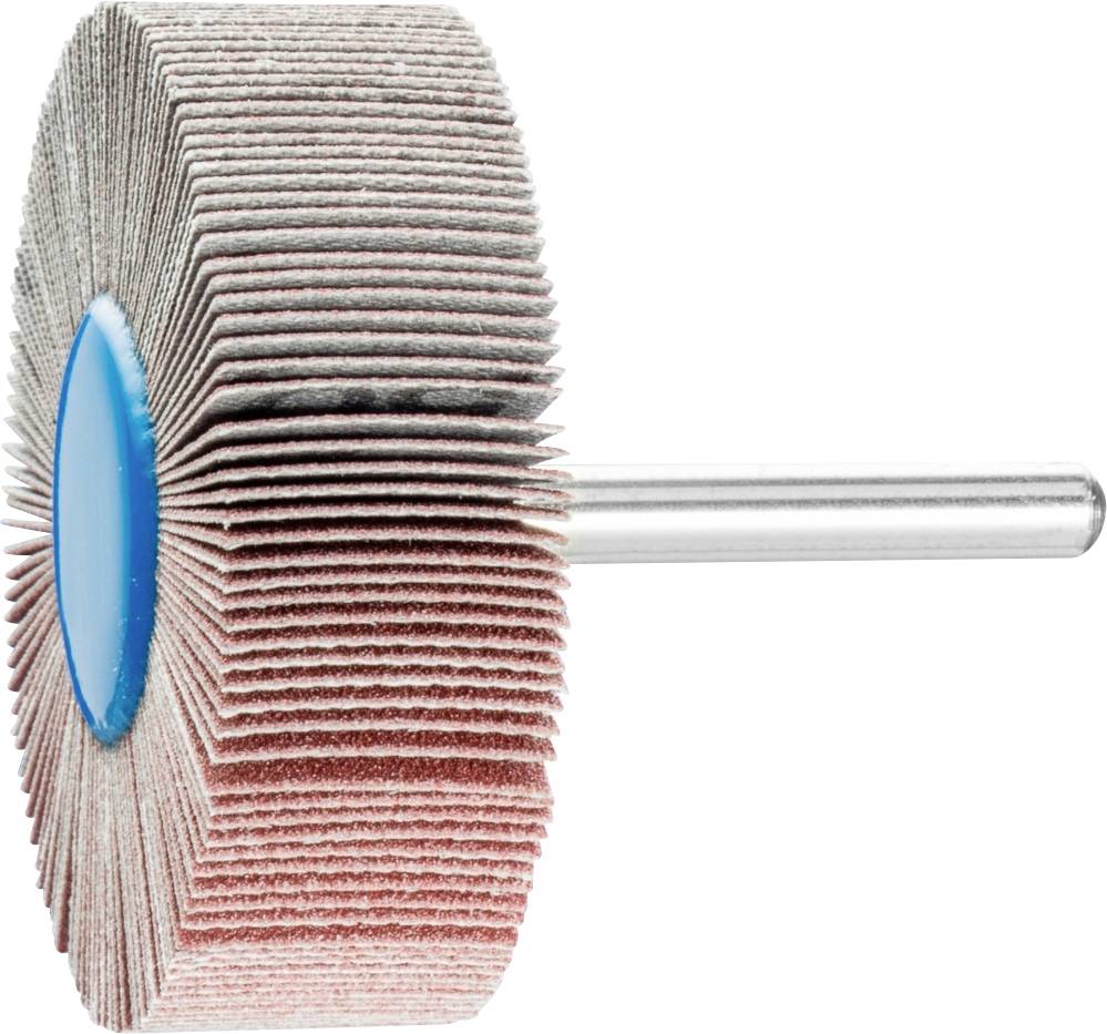 Abrasive flap wheel with a metal pin in the centre, used for smoothing or polishing surfaces.