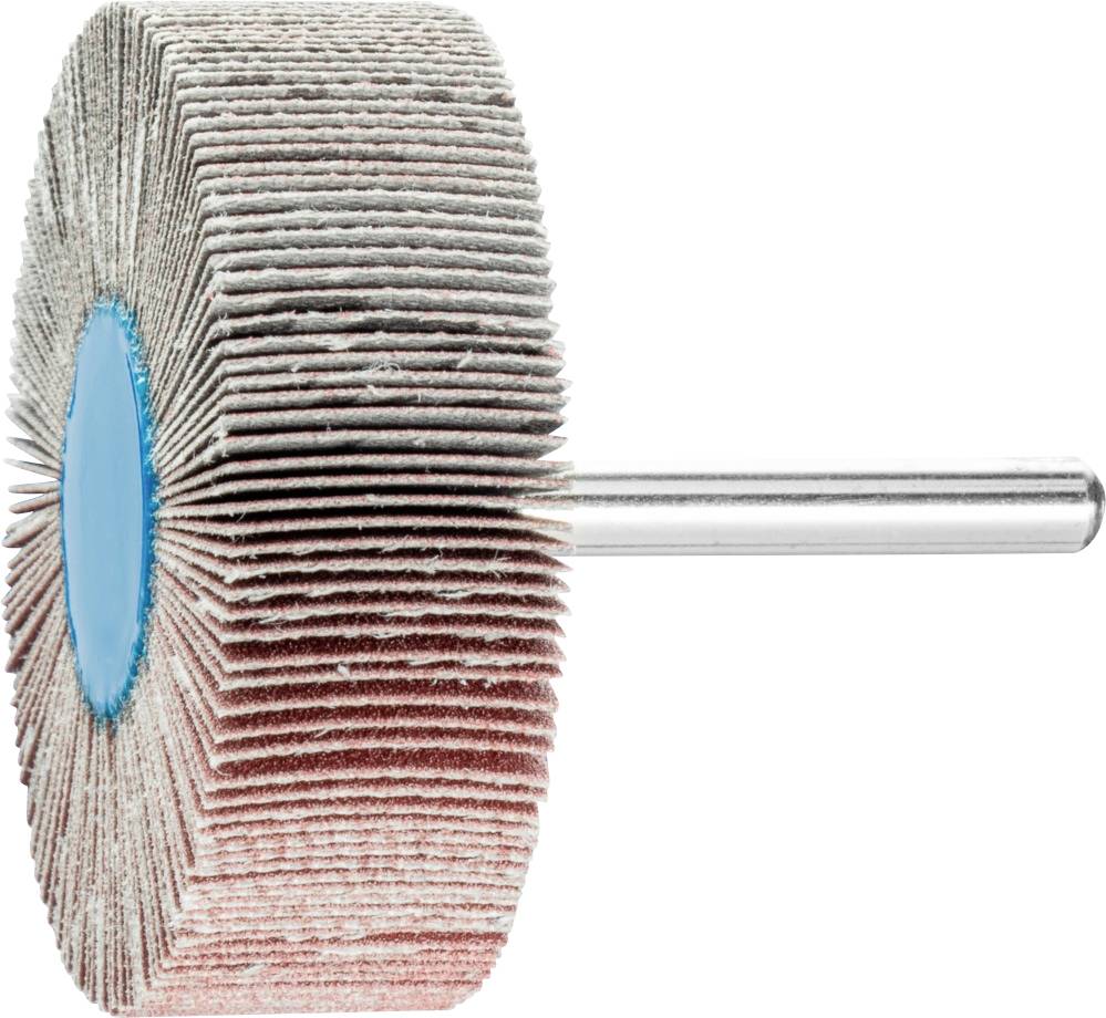 Sanding mop with numerous abrasive lamellae and a blue plastic core, mounted on a metallic rod for rotary tools.
