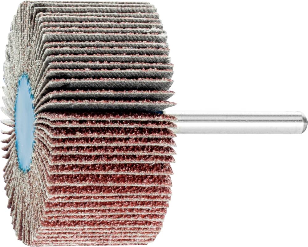 Grinding flap wheel with metallic shaft. Suitable for grinding and polishing surfaces. Side view.
