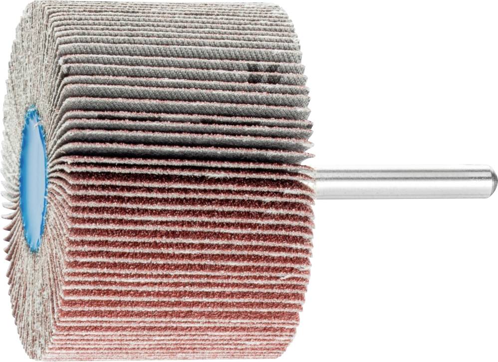 Grinding mop with abrasive lamellas and cylindrical shaft, used for metalworking and surface smoothing.Corrected to British English:Grinding mop with abrasive lamellae and cylindrical shaft, used for metalworking and surface smoothing.
