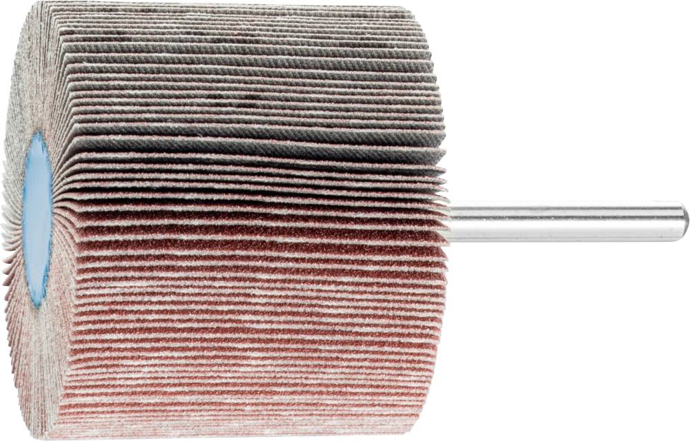 A flap disc with red sanding paper and metal shaft. Suitable for polishing and grinding various surfaces.