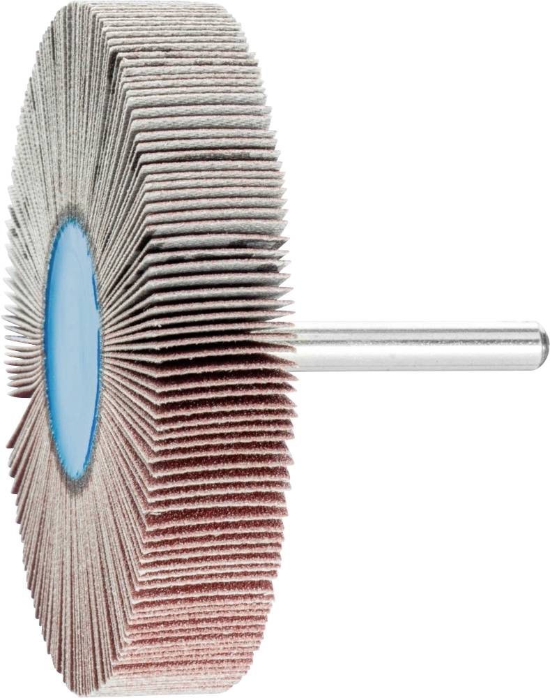 Grinding flap wheel with metal pin, side view. Wheel consists of many fan-like arranged abrasive paper strips.