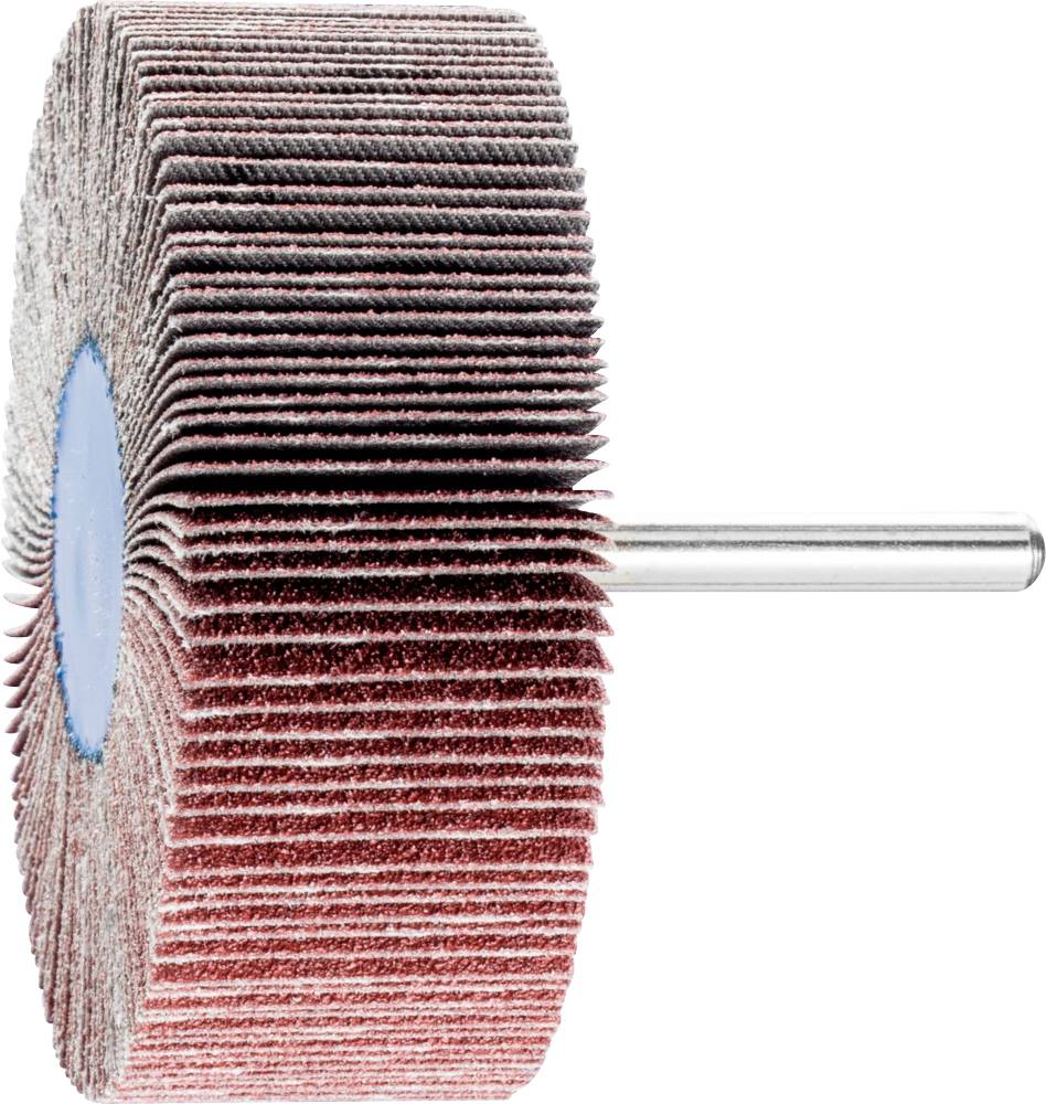 Grinding tool with multiple layers of sandpaper, mounted on a metal rod, against a white background.