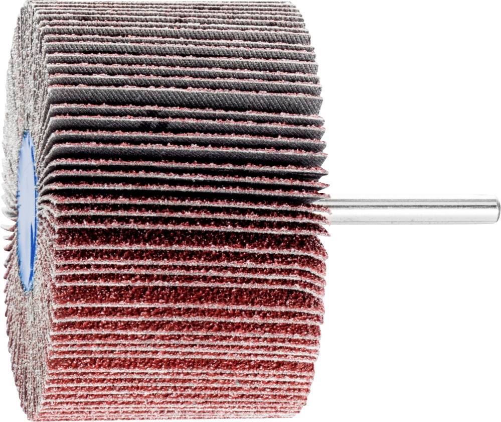 A grinding mop with red and grey lamellae is seen from the side. It is used for grinding and polishing surfaces.