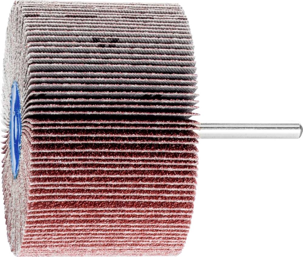 Grinding flap wheel with metal shaft; consisting of many fine grinding sheet layers used for surface treatment.