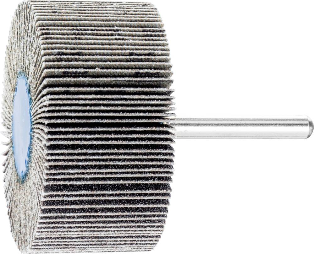Grinding lamellar wheel with metal rod. Suitable for processing metal surfaces. Numerous abrasive lamellae around circular disc.